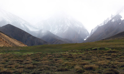 Rainy day in the Andes mountain range. Road from Argentina to Chile