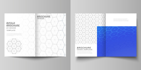 Vector layout of two A4 format modern cover mockups design templates for bifold brochure. Digital technology and big data concept with hexagons, connecting dots and lines, science medical background.