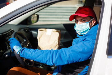 Coronavirus Covid-19 infection.masked delivery man, epidemic