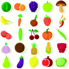 Isolated vegan set with bright fruits, vegetables and berries on white background. Vector illustration.