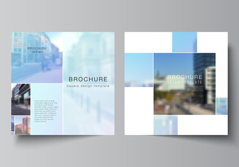 Vector layout of two square format covers templates for brochure, flyer, magazine, cover design, book design, brochure cover. Abstract design project in geometric style with blue squares.