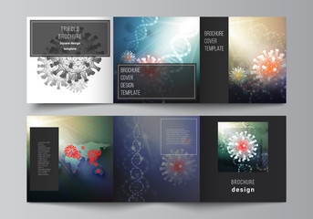 Vector layout of square covers templates for trifold brochure, flyer, cover design, book design, brochure cover. 3d medical background of corona virus. Covid 19, coronavirus infection. Virus concept.