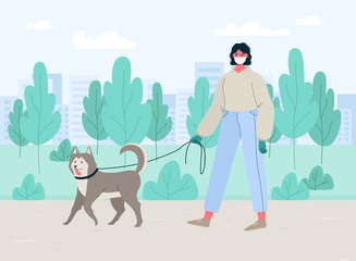 Woman in white medical protective face mask and gloves, walking with their dog in the park. Coronavirus quarantine. Protect from novel coronavirus COVID-19 virus Cartoon flat vector illustration.
