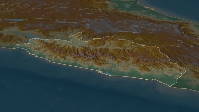 Guerrero, state with its capital, zoomed and extruded on the relief map of Mexico in the conformal Stereographic projection. Animation 3D