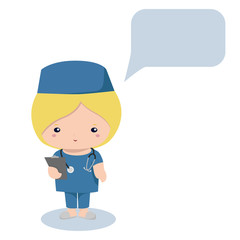 Cute girl doctor with blond hair say something. Healthcare illustration for children.	