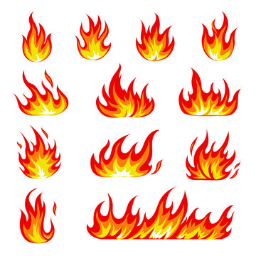 Cartoon fire icons set. Flame symbols. Flaming effect images collection. Vector illustrtion