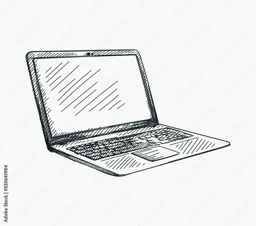 Fototapete hand-drawn sketch of laptop computer. notebook on a white background. opened laptop with white scree