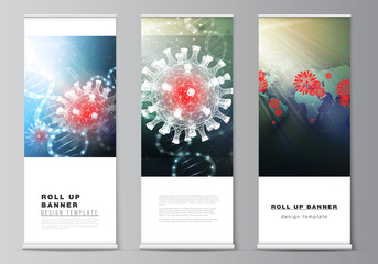 Fototapeta na wymiar Vector layout of roll up mockup design templates for vertical flyers, flags design templates, banner stands. 3d medical background of corona virus. Covid 19, coronavirus infection. Virus concept.