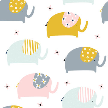 Seamless pattern with cute elephants. Childish print. Vector hand drawn illustration.