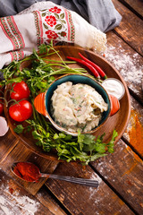Close-up of fresh cooked dumplings with sauce