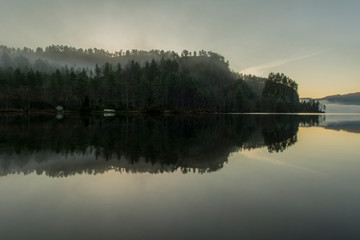 Fototapeta premium Woods, mountain, fog and lake 