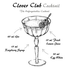 Clover Club cocktail recipe vector with raspberries