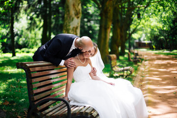 bald bride with beard, beautiful couple, wedding day, summer