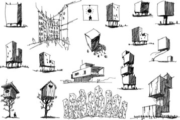 many hand drawn architectectural sketches of a modern abstract architecture and tree houses and urban ideas or towns