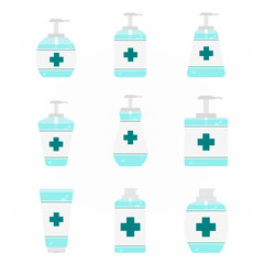 Alcohol gel for washing hands, washing gel, gel pump bottle set, vector illustration