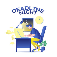 Deadline Night Illustration with Flat Style Blue Yellow Theme Color