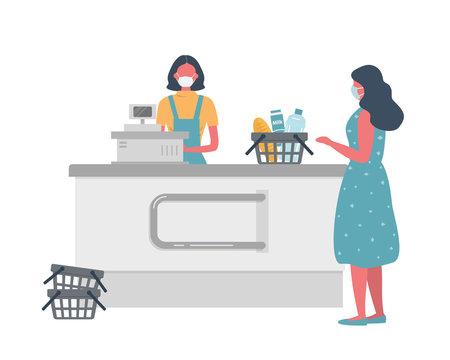 Supermarket cashier web banner during coronovirus epidemic. Young woman in a medical mask stands behind a cash register. Customer is also wearing a protective mask.There is a basket with products here