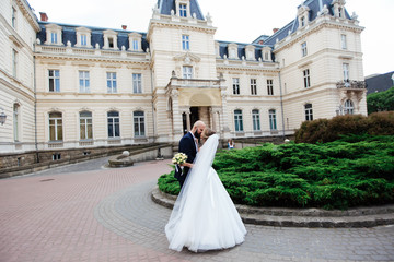 Obraz premium gorgeous wedding couple enjoys a Sunny day in the old town with architecture