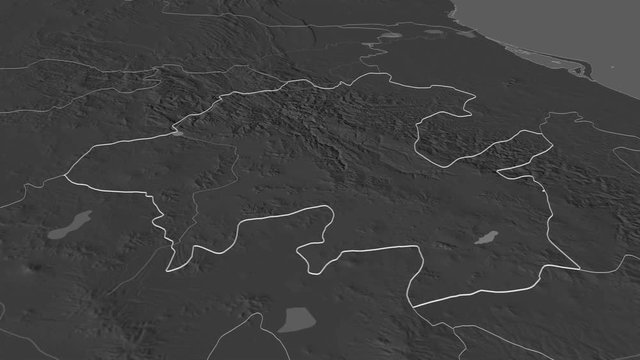 Hidalgo, state with its capital, zoomed and extruded on the bilevel map of Mexico in the conformal Stereographic projection. Animation 3D