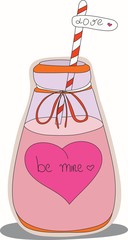 Cute doodle cartoon Strawberry smoothie. Bottle with lettering - Be mine and love. Vector illustration. Hand painted lettering isolated on white background.