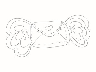 Vector hand drawn doodle cartoon closed envelope with wings. Ink style. Black and white illustration isolated on white background. Design for a print on cards and bags, poster and coloring page.