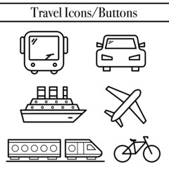 Travel icons and buttons including an airplane, bike, bus, boat, and more.