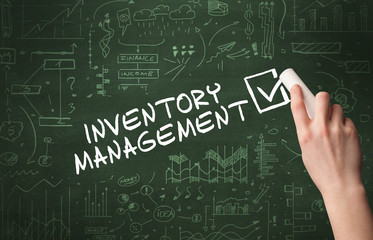 Hand drawing INVENTORY MANAGEMENT inscription with white chalk on blackboard, new business concept