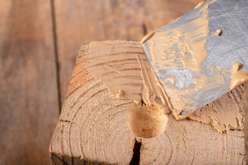 Filling raw wood in a workshop. Small carpentry work.