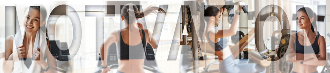 Panoramic banner. Healthy life. Beautiful sporty girl training at gym, doing sport exercises with an overlay of the word MOTIVATION. Sport background.