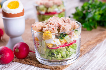 Fresh vegetable salad with tuna, egg, cabbage, radish and cucumber