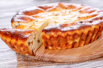 Fresh baked homemade cottage cheese casserole with raisins.