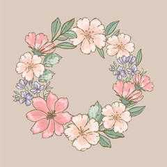 RETRO WREATH Floral Flower Hand Drawn Botanic Herbarium Nature Cartoon Vector Illustration Set for Print Fabric and Decoration