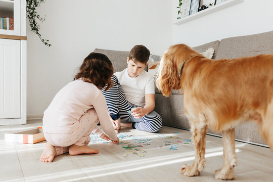 Brother and sister playing puzzles at home. Stay at home activity for kids.