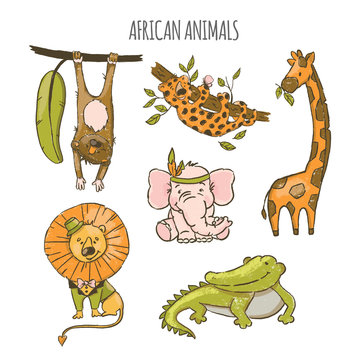 AFRICAN ANIMALS Cute Cartoon Circus Zoo Jungle Tropical Savannah Hand Drawn Vector Illustration for Print Fabric and Congratulating