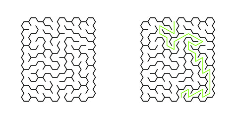 A 10x10 rectangular maze with hex cells and solution