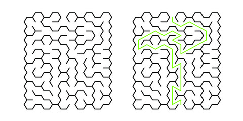 A 10x10 rectangular maze with hex cells and solution
