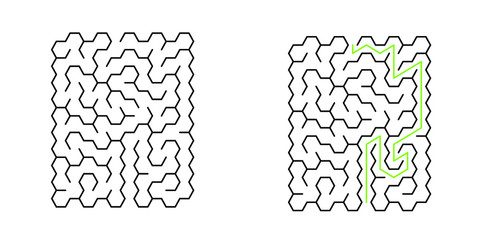 A 10x10 rectangular maze with hex cells and solution
