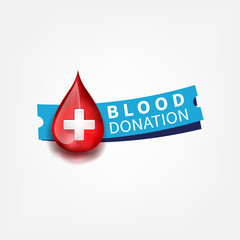 Medical logo blood drop symbol red color with blue sticker. Vector sign, icon.
