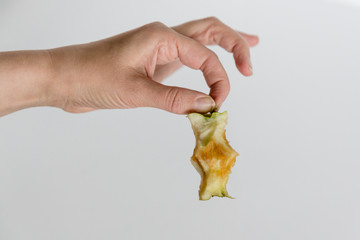 Hand hält Kerngehäuse vom Apfel am Stiel