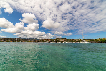 Saint Vincent and the Grenadines, sailboats on mooring in Blue Lagoon