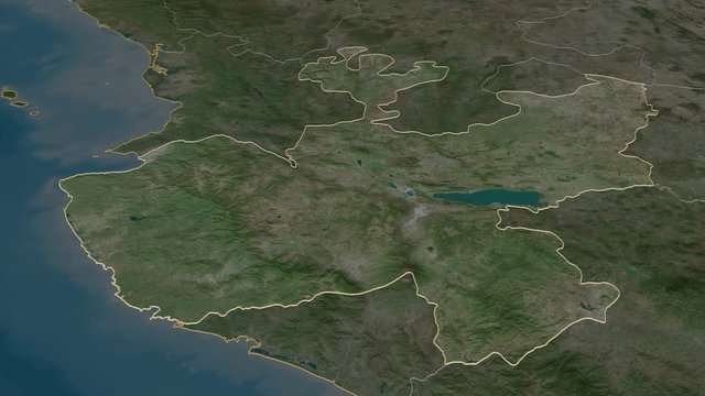 Jalisco, state with its capital, zoomed and extruded on the satellite map of Mexico in the conformal Stereographic projection. Animation 3D