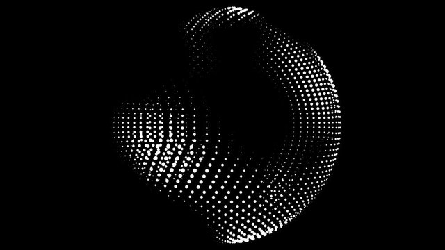 Dynamic composition sphere of white dots at black background. Vintage pattern animation.