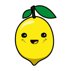 Cartoon smiling yellow lemon fruit. Kawaii illustration.