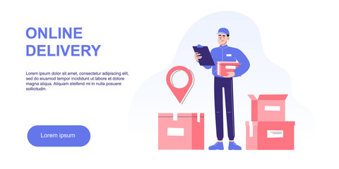 Obraz na płótnie Canvas Online delivery and courier service concept. Delivery man standing in front of boxes or packages, holding box in other hand. Logistics. Delivery home and office. Landing page. Vector web illustration