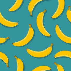 Vector seamless pattern with cartoon yellow banana fruits on turquoise background. Summer tropical pattern for print, textile, season wrapping paper, brochure. Tropic floral template, exotic cover.
