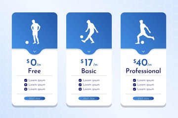 Vector illustration. Minimalistic template with footballer silhouettes at different poses. Difficulty levels. Abstract background. Design game or price table. Futuristic concept. Gradient blue color 