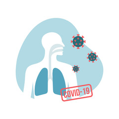 Human lungs and Covid-19 virus. Vector flat illustration. Male chest silhouette isolated on white background. Coronavirus concept.