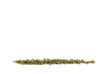 Dried shredded cannabis buds shaped in horizontal line on white background. Some grinded marijuana placed in horizontal line isolared on white background.