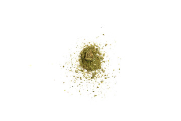 Pile of shredded marijuana with little bud on top. Shredded cannabis and small cannabis bud...