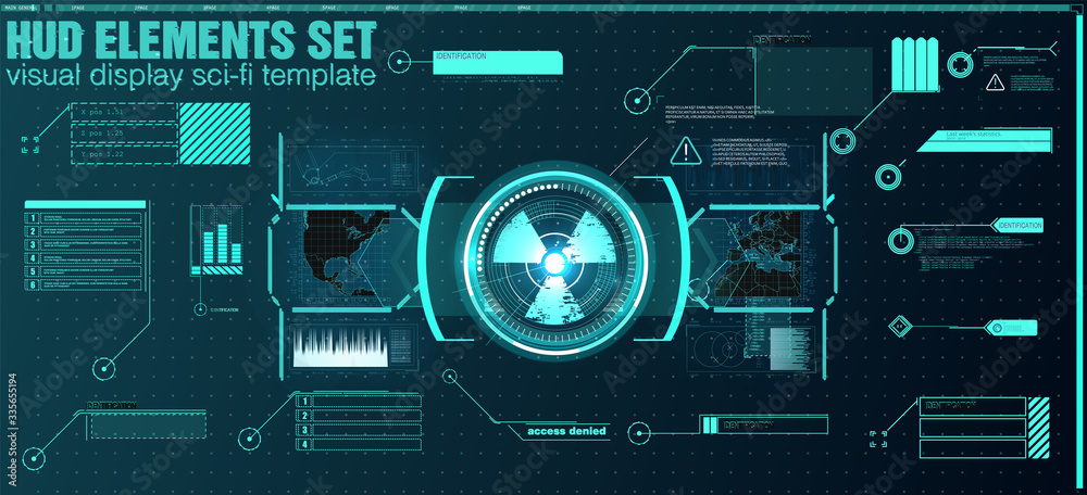 Poster set of elements for the design of interfaces for games and movies of the future, a display for outer